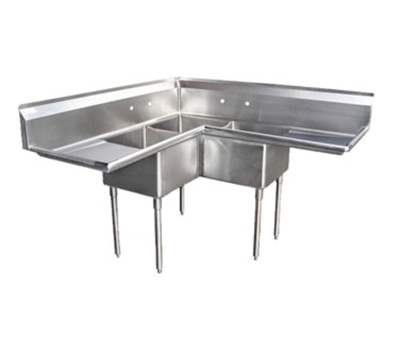 Blue Air 3C18-12L-2D 57&quot; W x 24&quot; D x 44.5&quot; H 3 Compartments Stainless Steel Bowls Adjustable Feet Corner Sink