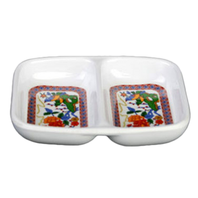 Thunder Group 1102TP 2 Oz. Melamine 2-Wells Rectangular Peacock Twin Sauce Dish