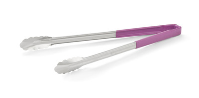 Vollrath 4781680 16" Purple Stainless Steel One-Piece Scalloped Teeth Utility Tongs