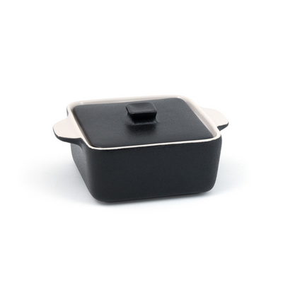 FOH DBO136BKC23 8 Oz. Black Square Ceramic Kiln Ovenware Dish with Lid