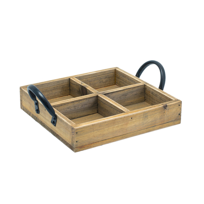 FOH TCS014NAW21 4 Square Compartment Rustic Wood Condiment Holder with Handles