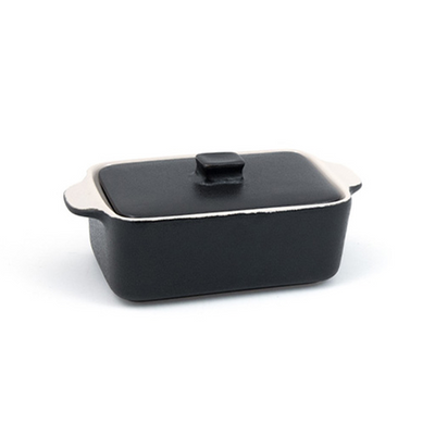 FOH DBO135BKC23 10 Oz. Black Rectangular Ceramic Kiln Ovenware Dish with Lid
