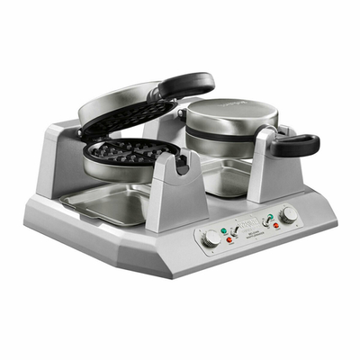 Waring WW250X2 7" Dia. Heavy Duty Die Cast Housing Double Side-By-Side Commercial Belgian Waffle Maker - 120 Volts