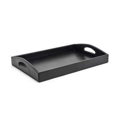 FOH RRT014BKL21 16" W x 11" D x 2.75" H Black Faux Leather Rectangular Tray with Handle