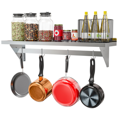 Koolmore WMPS-1248 48" W Stainless Steel 18 Gauge Wall Shelf with Pot Rack