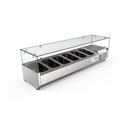 Koolmore SCDC-6P-SG 59" W Stainless Steel Double Tempered Glass Food Guard (6) 1/3 Pan Refrigerated Countertop Prep Unit - 115 Volts