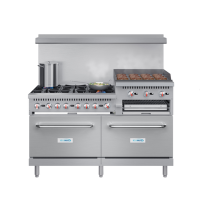 Koolmore KM-CRGB60-LP 60" W Stainless Steel 6 Burners with 24" Griddle, Broiler and 2 Ovens Liquid Propane Commercial Range