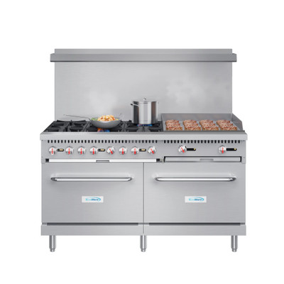 Koolmore KM-CRG60-LP 60" W Stainless Steel 6 Burners with 24" Griddle and 2 Ovens Liquid Propane Commercial Range