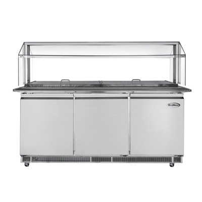 Koolmore KM-RBT-72CSFG 70.6" W Stainless Steel Refrigerated Prep Station with Sneeze Guard and Buffet Slide - 115 Volts