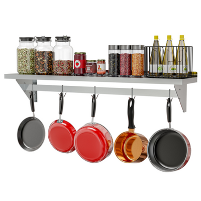 Koolmore WMPS-1260 60" W Stainless Steel 18 Gauge Wall Shelf with Pot Rack