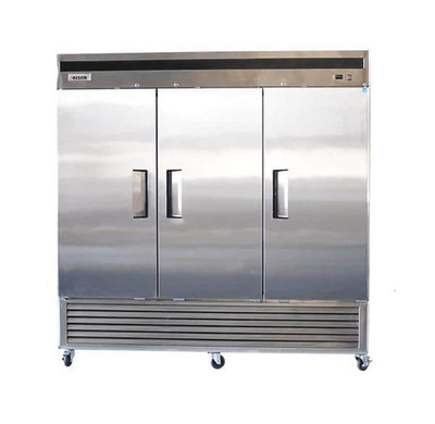 Bison BRR-71 71 Cu. Ft. Three-Section Self Closing Locking Stainless Steel Doors Reach-In Refrigerator - 115 Volts 1-Phase