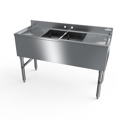 NBR Equipment UW-2-101410-48LR 48" W x 18.25" D x 32.5" H Stainless Steel (3) Compartments Premium Slim-Line Underbar Sink Unit