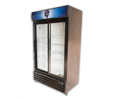 Bison BGM-35-SD 35 Cu. Ft. Two-Section Black Exterior Reach-In Glass Door Refrigerator - 115 Volts 1-Phase