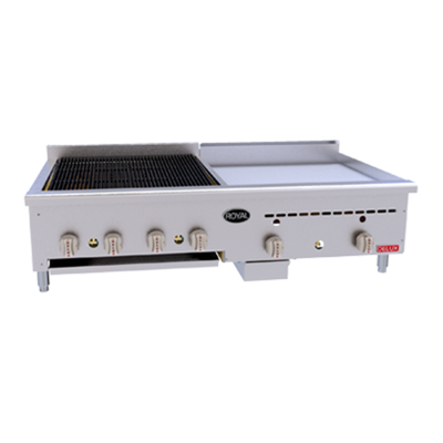 Royal Range BG-4824-LP Stainless Steel Front and Sides Countertop Liquid Propane Delux Series Charbroiler and Griddle - 164,000 BTU