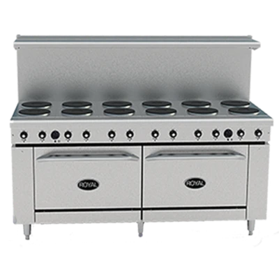 Royal Range RRE-12 72" W Stainless Steel 10 Hotplates and 2 Standard Ovens Electric Restaurant Range - 208 Volts