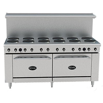 Royal Range RRE-12 72" W Stainless Steel 10 Hotplates and 2 Standard Ovens Electric Restaurant Range - 208 Volts