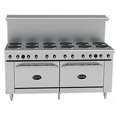 Royal Range RRE-12 72" W Stainless Steel 10 Hotplates and 2 Standard Ovens Electric Restaurant Range - 208 Volts