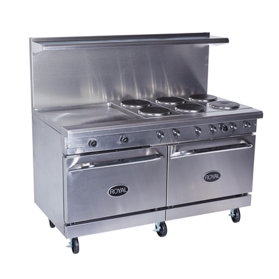 Royal Range RRE-4GT48-C 72" W Stainless Steel 4 Round Hotplates, 1 Griddle, 1 Convection and 1 Standard Oven Electric Restaurant Range - 208 Volts
