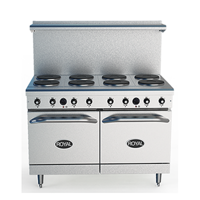 Royal Range RRE-8 48" W Stainless Steel 8 Round Hotplates and 2 Space Saver Ovens Electric Restaurant Range - 208 Volts