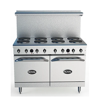 Royal Range RRE-8 48" W Stainless Steel 8 Round Hotplates and 2 Space Saver Ovens Electric Restaurant Range - 208 Volts