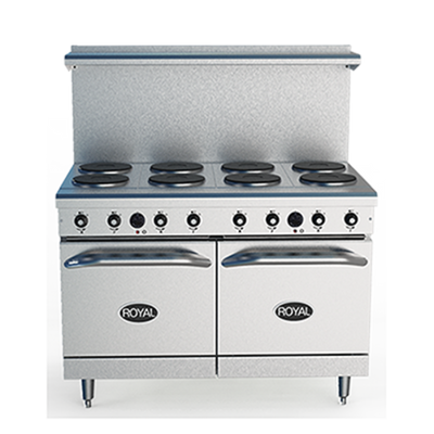 Royal Range RRE-8 48" W Stainless Steel 8 Round Hotplates and 2 Space Saver Ovens Electric Restaurant Range - 208 Volts