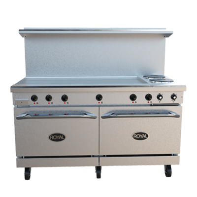Royal Range RRE-2GT48 60" W Stainless Steel 2 Round Hotplates, 1 Griddle, and 2 Standard Ovens Electric Restaurant Range - 208 Volts