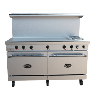 Royal Range RRE-2GT48 60" W Stainless Steel 2 Round Hotplates, 1 Griddle, and 2 Standard Ovens Electric Restaurant Range - 208 Volts