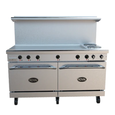 Royal Range RRE-2GT48 60" W Stainless Steel 2 Round Hotplates, 1 Griddle, and 2 Standard Ovens Electric Restaurant Range - 208 Volts