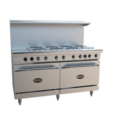 Royal Range RRE-8GT12-C 60" W Stainless Steel 8 Round Hotplates, 1 Griddle, 1 Standard Oven, and 1 Convection Oven Electric Restaurant Range - 208 Volts