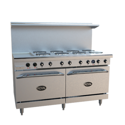Royal Range RRE-8GT12-C 60" W Stainless Steel 8 Round Hotplates, 1 Griddle, 1 Standard Oven, and 1 Convection Oven Electric Restaurant Range - 208 Volts