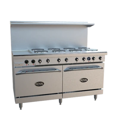 Royal Range RRE-8GT12-C 60" W Stainless Steel 8 Round Hotplates, 1 Griddle, 1 Standard Oven, and 1 Convection Oven Electric Restaurant Range - 208 Volts