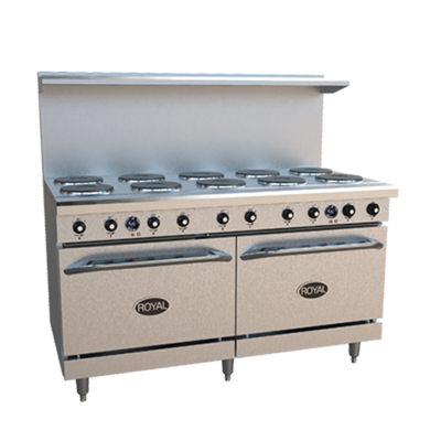 Royal Range RRE-10-C 60" W Stainless Steel 10 Round Hotplates, 1 Convection Oven, and 1 Standard Oven Electric Restaurant Range - 208 Volts