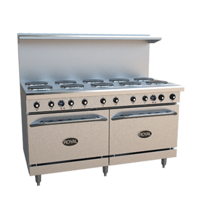 Royal Range RRE-10-C 60" W Stainless Steel 10 Round Hotplates, 1 Convection Oven, and 1 Standard Oven Electric Restaurant Range - 208 Volts