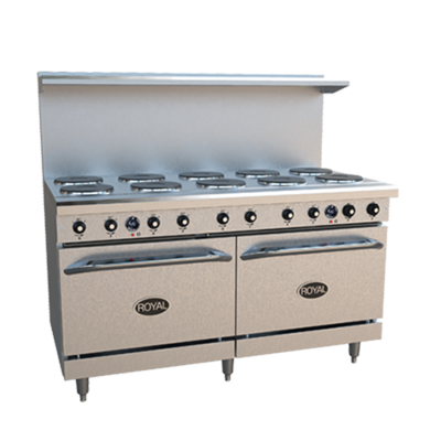 Royal Range RRE-10-C 60" W Stainless Steel 10 Round Hotplates, 1 Convection Oven, and 1 Standard Oven Electric Restaurant Range - 208 Volts