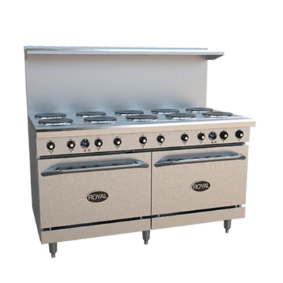 Royal Range RRE-10-C 60" W Stainless Steel 10 Round Hotplates, 1 Convection Oven, and 1 Standard Oven Electric Restaurant Range - 208 Volts