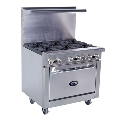 Royal Range RR-4G12-C 36" W Stainless Steel 4 Open Burners, 1 Griddle and 1 Convection Oven Liquid Propane Restaurant Range - 170,000 BTU