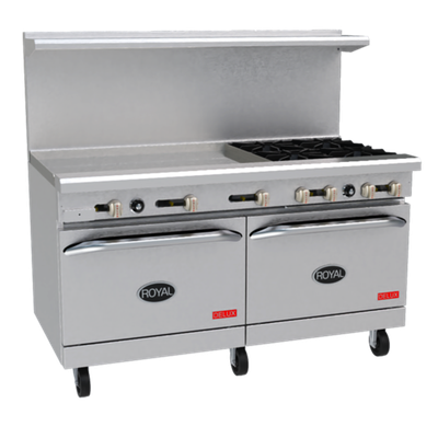 Royal Range RDR-4G36-C-LP 60" W Stainless Steel 4 Open Burners, 1 Griddle, 1 Standard Oven, and 1 Convection Oven Liquid Propane Restaurant Range - 245,000 BTU