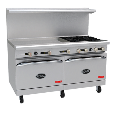 Royal Range RDR-4G36-C-LP 60" W Stainless Steel 4 Open Burners, 1 Griddle, 1 Standard Oven, and 1 Convection Oven Liquid Propane Restaurant Range - 245,000 BTU