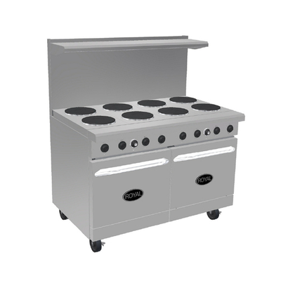 Royal Range RRE-2GT36-126C 48" W Stainless Steel 2 Round Hotplates, 1 Griddle, 1 Convection Oven, and 1 Cabinet Electric Restaurant Range - 208 Volts