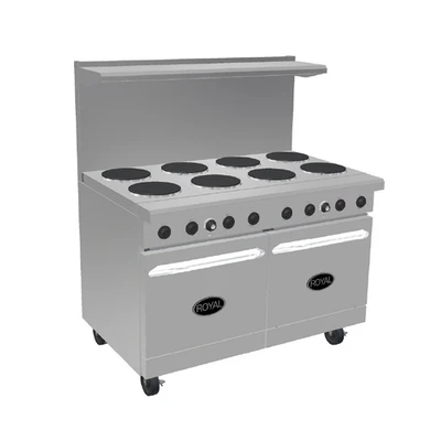 Royal Range RRE-2GT36-126C 48" W Stainless Steel 2 Round Hotplates, 1 Griddle, 1 Convection Oven, and 1 Cabinet Electric Restaurant Range - 208 Volts