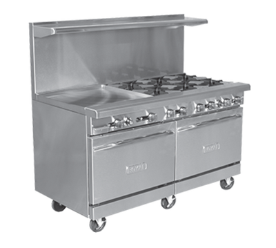 Royal Range RR-2G48-C-NG 60" W Stainless Steel 2 Open Burners, 1 Griddle, 1 Standard Oven, and 1 Convection Oven Natural Gas Restaurant Range - 205,000 BTU