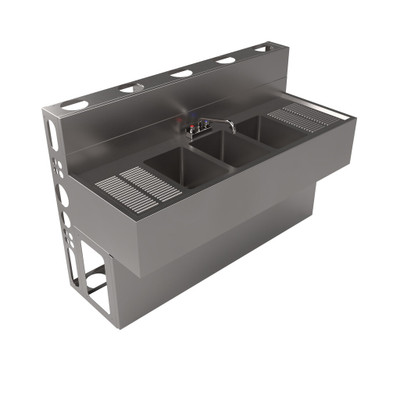 BK Resources UBDW-21-360TS 60" W x 21.25" D x 33.5" H Stainless Steel Three Compartment Underbar Sink
