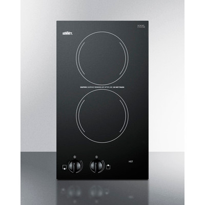 Summit CR2220B 11.88" W Black Ceramic Glass Surface 2 Burners Electric Radiant Cooktop - 230 Volts