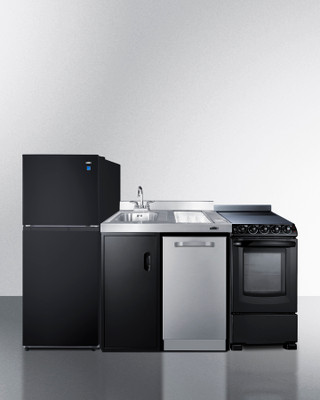 Summit ACK80HT 80" W Stainless Steel and Black Finish with Full Size Refrigerator-Freezer All-In-One Combination Kitchenette