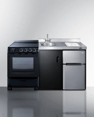 Summit ACK63ELSTB 63" W Stainless Steel and Black Finish All-In-One Combination Kitchenette