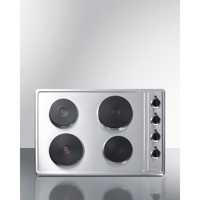Summit CSD4B300 29.63" W Stainless Steel Finish 4 Burners Electric Cooktop - 230 Volts