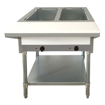 Omcan USA 47342 30&quot; W x 30.04&quot; D x 34.04&quot; H Stainless Steel Natural Gas Steam Table with Cutting Board and Undershelf - 7000 BTU