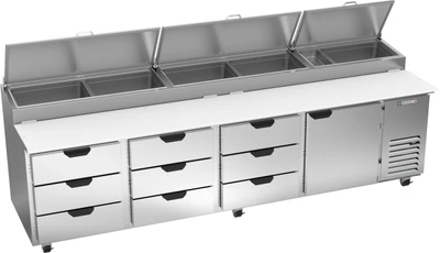 Beverage Air DPD119HC-9 42.2 Cu. Ft. Stainless Steel 4-Section Pizza Top Refrigerated Counter - 115 Volts