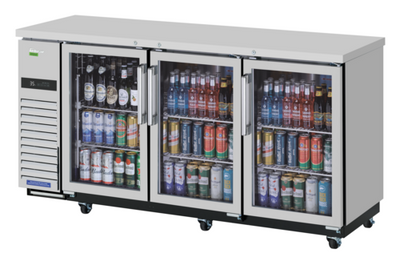 Turbo Air TBB-24-72SGSD-N 20.62 Cu. Ft. Stainless Steel Glass Doors Super Deluxe Narrow Back Bar Cooler - 115 Volts