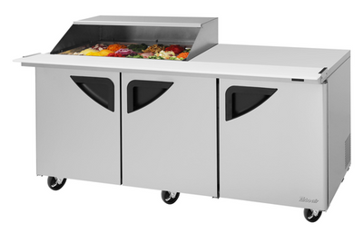 Turbo Air TST-72SD-18M-N-SL(-LW) 23 Cu. Ft. Three-Section Stainless Steel Super Deluxe Sandwich or Salad Mega Prep Work Station with Slide-Back Lid - 115 Volts